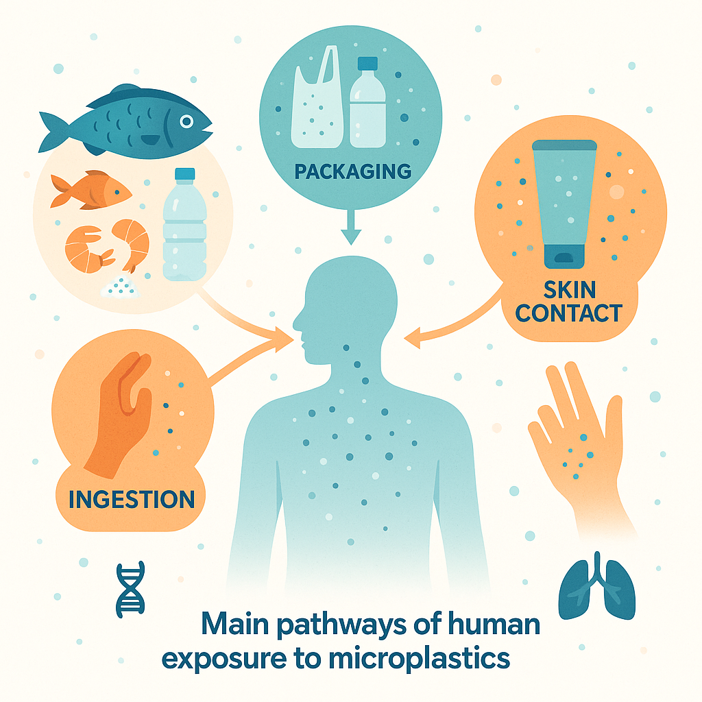 The EU Clean Beauty Revolution: Ending Microplastics and Greenwashing in Cosmetics – Annel cosmetic regulatory blog Diagram showing exposure to microplastics in humans — part of EU Green Claims Directive sustainability focus