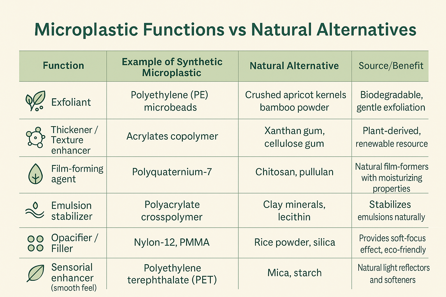 The EU Clean Beauty Revolution: Ending Microplastics and Greenwashing in Cosmetics – Annel cosmetic regulatory blog Comparison table of biodegradable alternatives and microplastics — aligned with EU Green Claims Directive and clean beauty goals