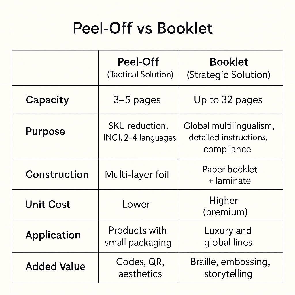Peel-Off vs Booklet Labels comparison for multilingual cosmetic packaging compliance
