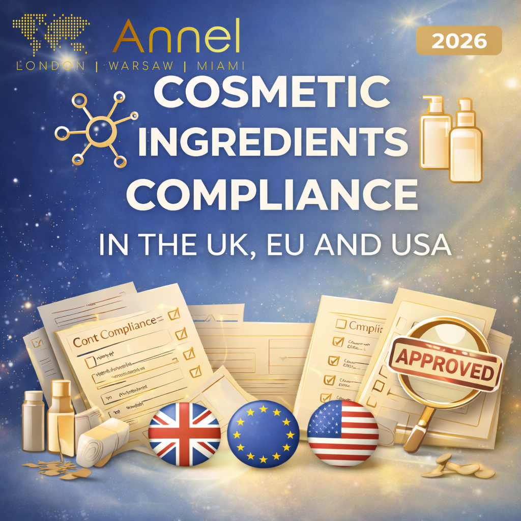 Cosmetic ingredients compliance checklist for the UK, EU and USA with regulatory documents and approval icons