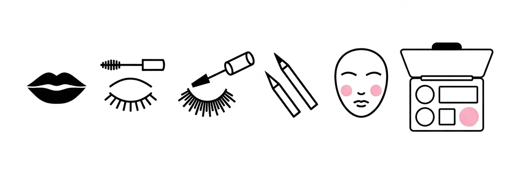Make-up function pictograms: lips, mascara, lashes, pencils, face, palette